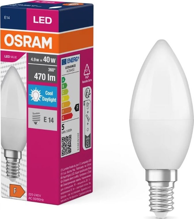 LED Bulb VALUE B40 E14/4,9W/230V 6500K - Osram
