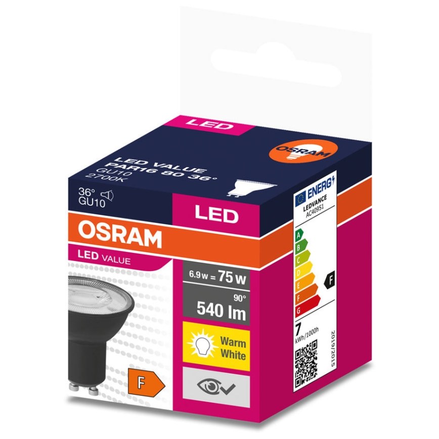 LED Bulb VALUE PAR16 GU10/6,9W/230V 2700K 36° black - Ledvance