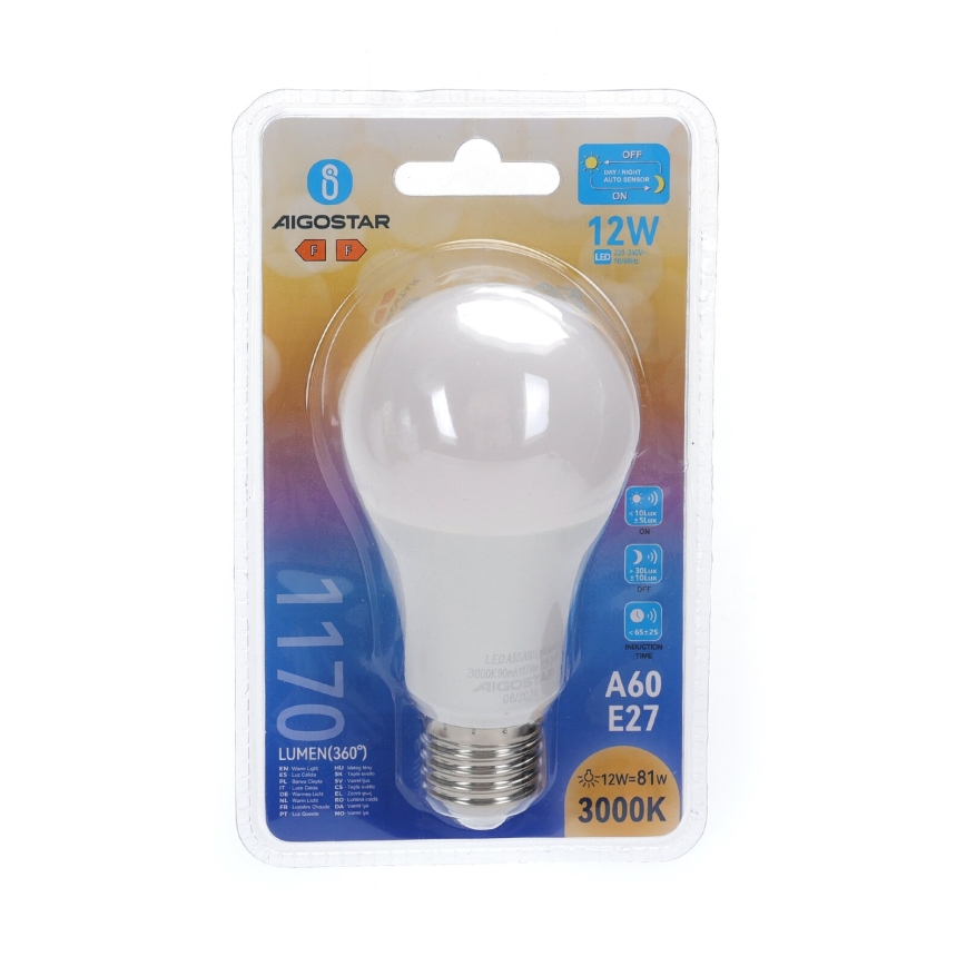 LED Bulb with Dusk Sensor A60 E27/12W/230V 3000K - Aigostar