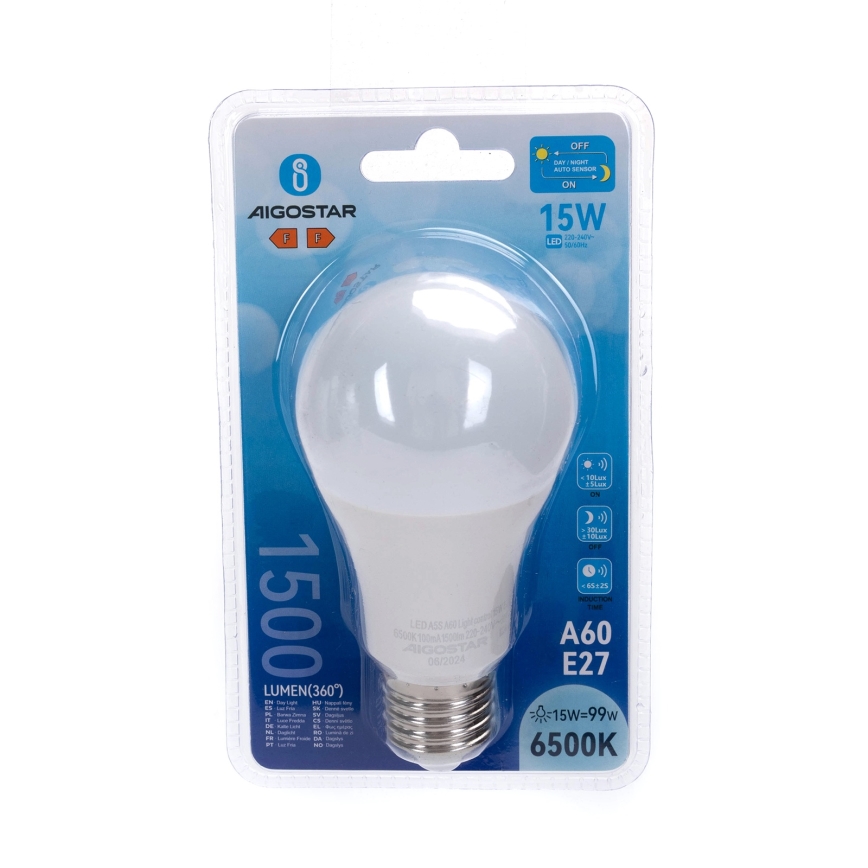 LED Bulb with Dusk Sensor A60, E27, 15W, 230V, 6500K - Aigostar