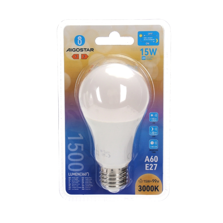 LED Bulb with Dusk-to-Dawn Sensor A60 E27/15W/230V 3000K - Aigostar