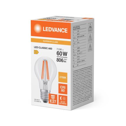 LED bulb with dusk sensor CLASSIC FILAMENT A60 E27/7,3W/230V 2700K - Osram