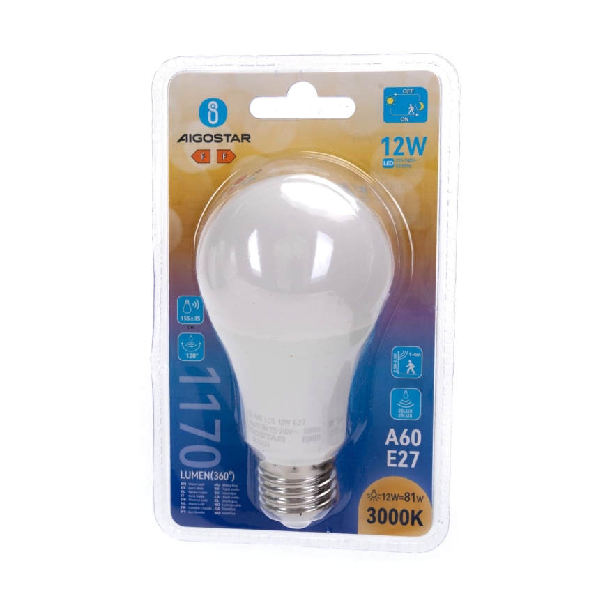 LED Bulb with Motion and Dusk Sensor A60 E27/12W/230V 3000K - Aigostar