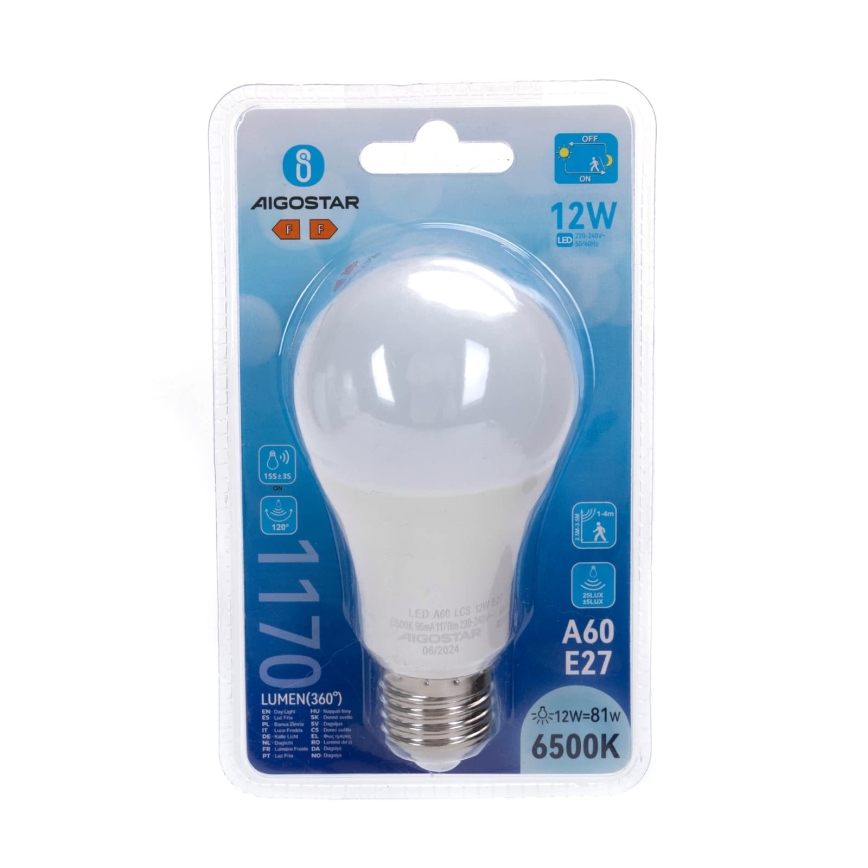 LED bulb with motion and dusk sensor A60 E27/12W/230V 6500K - Aigostar