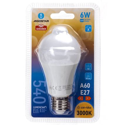 LED Bulb with Motion and Dusk Sensor A60 E27/6W/230V 3000K - Aigostar