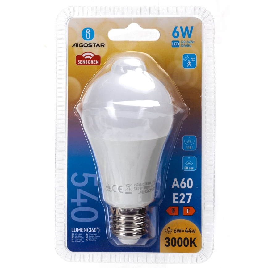 LED Bulb with Motion and Dusk Sensor A60 E27/6W/230V 3000K - Aigostar