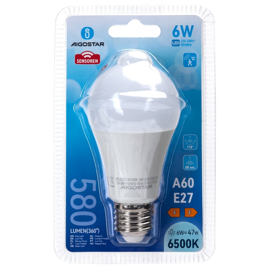 LED Bulb with Motion and Dusk Sensor A60 E27/6W/230V 6500K - Aigostar