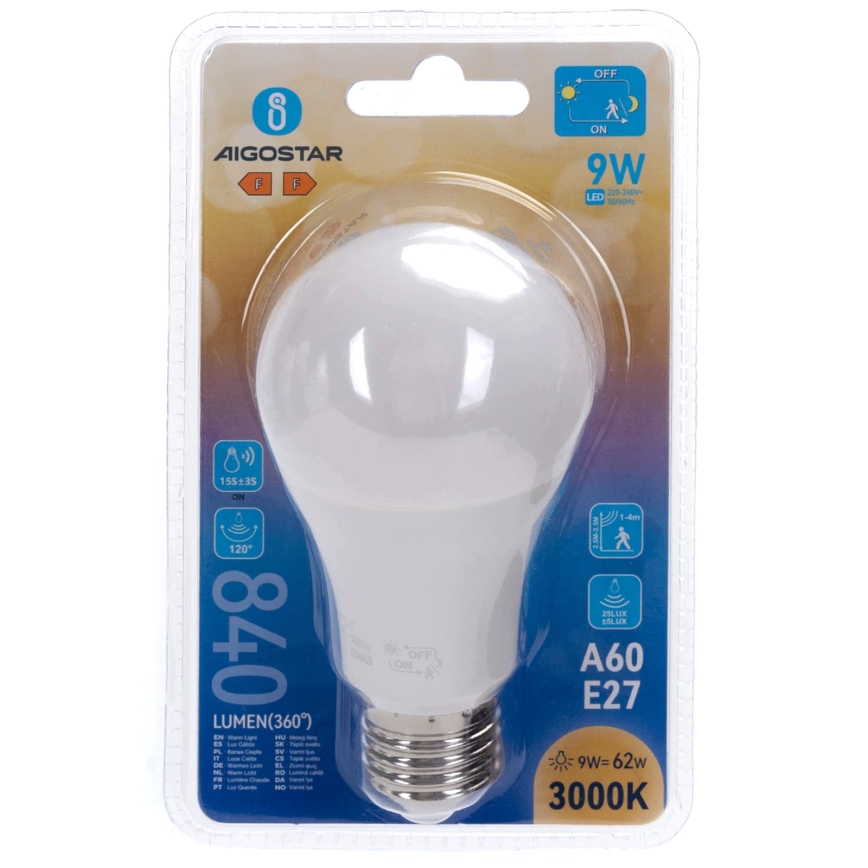 LED Bulb with Motion and Dusk Sensor A60 E27/9W/230V 3000K - Aigostar