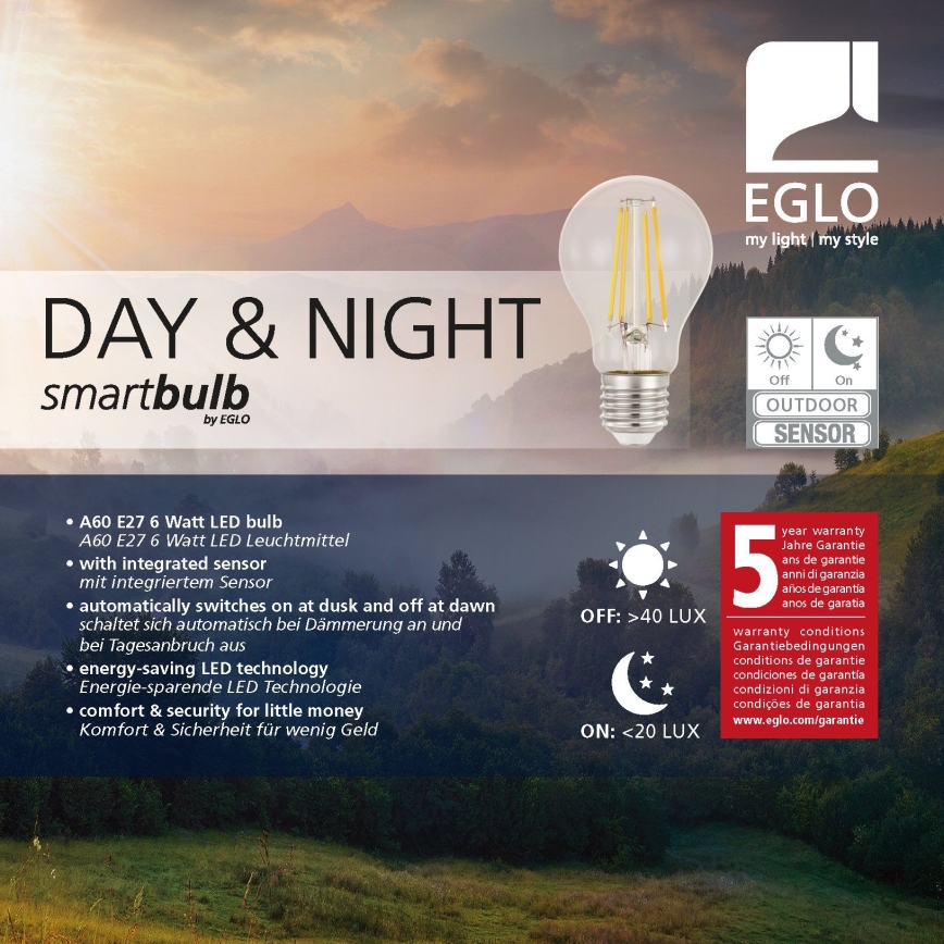 LED Bulb with sensor VINTAGE A60 E27/6W/230V 3000K - Eglo 11886