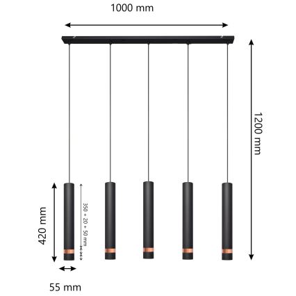 LED Chandelier on a string TUBA 5xGU10/6,5W/230V black/copper
