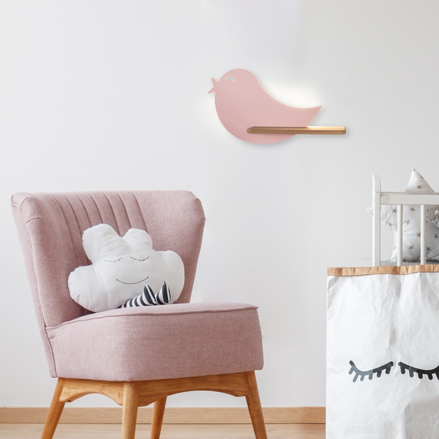 LED Children's wall light with a shelf BIRD LED/5W/230V pink/wood - FSC certified
