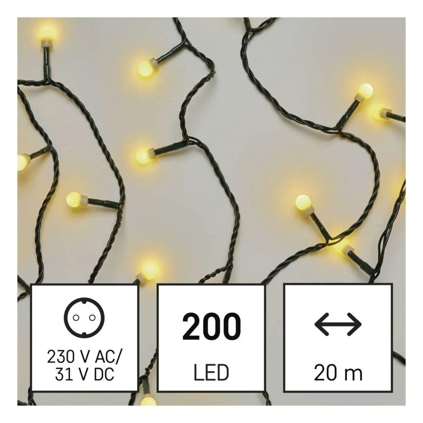 LED Christmas Light Chain 200 LEDs / 8 Functions, 20 m, IP44, Warm White