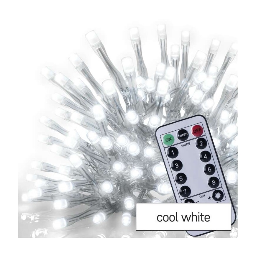 LED Christmas outdoor chain 300xLED/8 modes10m IP44 cool white + remote control