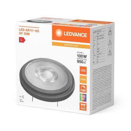 LED Dimmable AR111 Bulb G53/13.5W/12V 2700K 24° CRI 97 - Ledvance