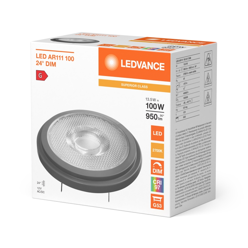 LED Dimmable AR111 Bulb G53/13.5W/12V 2700K 24° CRI 97 - Ledvance