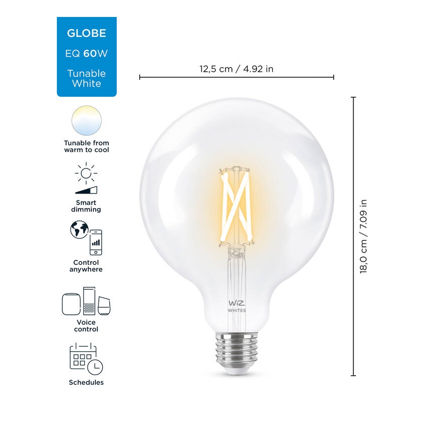 LED Dimmable bulb FILAMENT G125 E27/7W/230V 2700-6500K CRI 90 Wi-Fi - WiZ