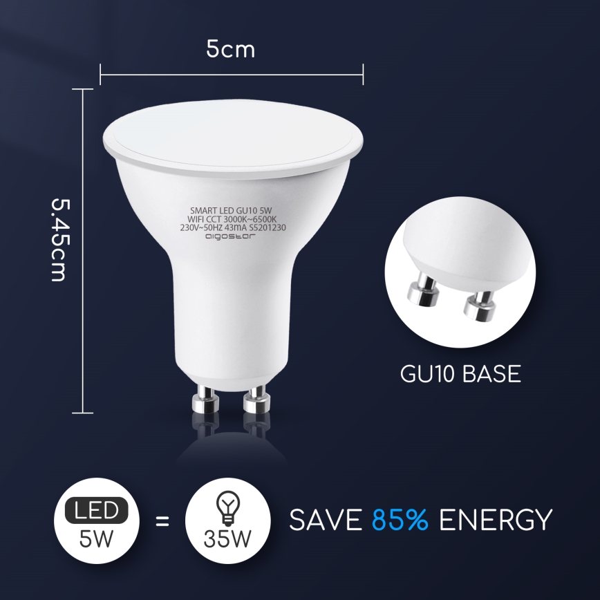 LED Dimmable bulb GU10/5W/230V 3000-6500K Wi-Fi - Aigostar