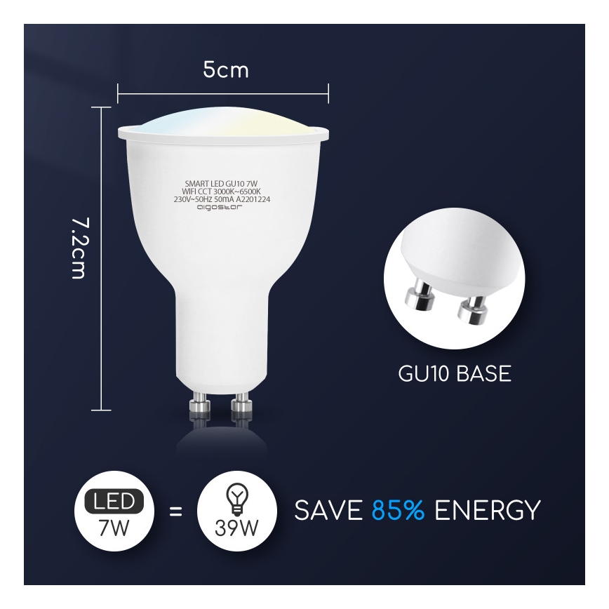 LED Dimmable bulb GU10/7W/230V 3000-6500K Wi-Fi - Aigostar