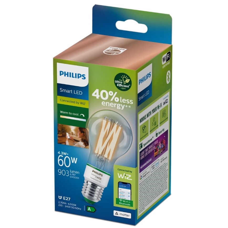 LED Dimmable bulb Philips A60 E27/4,3W/230V 2700-4000K CRI 90 Wi-Fi