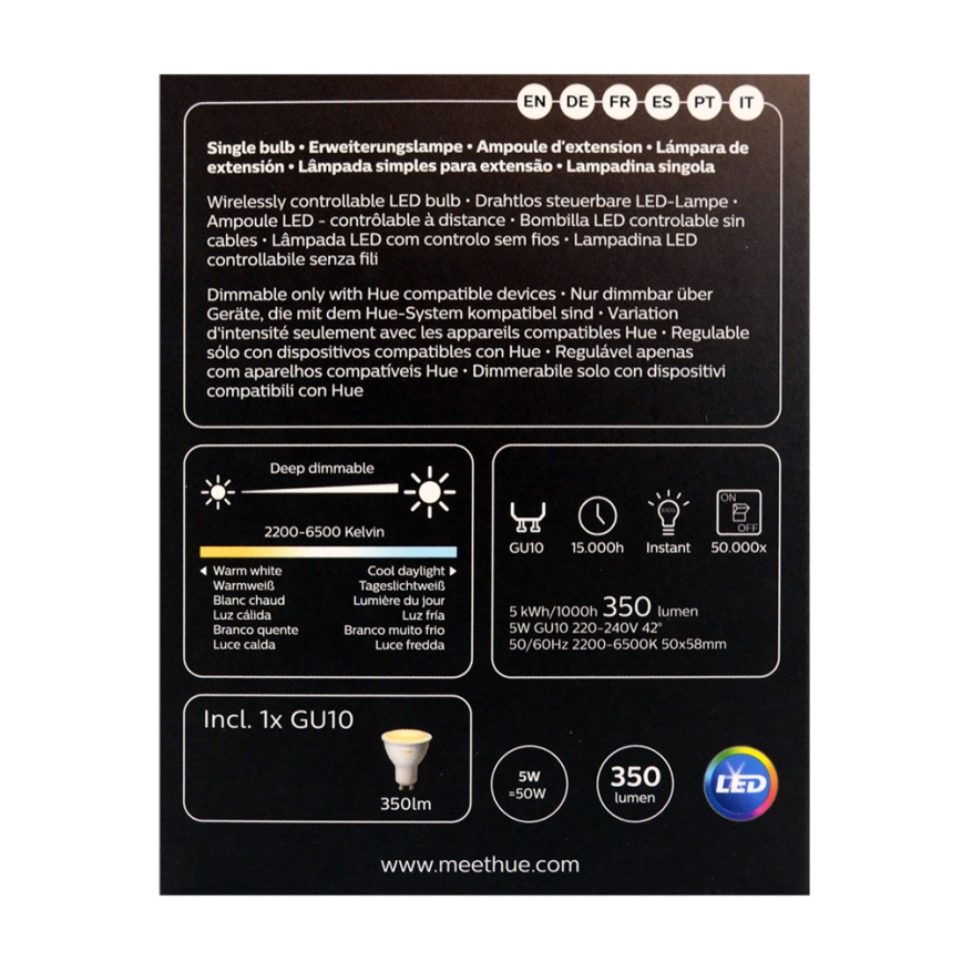 LED Dimmable bulb Philips Hue WHITE AMBIANCE 1xGU10/4,3W/230V 2200-6500K