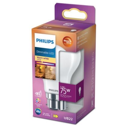 LED Dimmable bulb Philips Warm Glow A60 B22/7,2W/230V 2200-2700K CRI 90