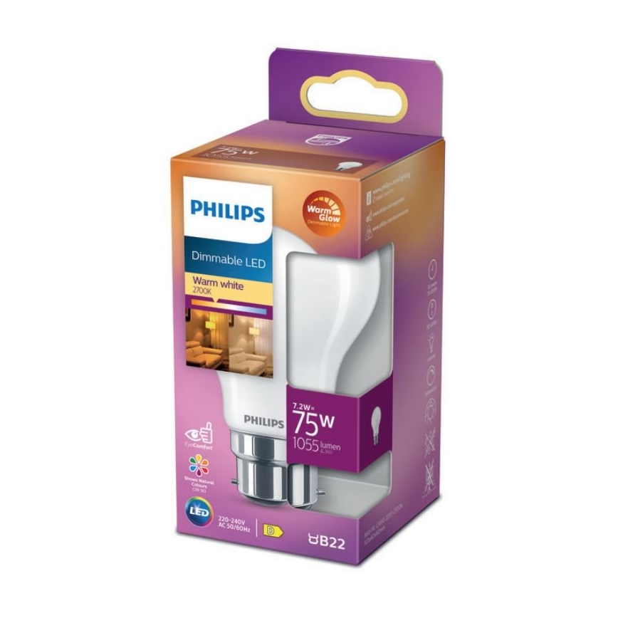 LED Dimmable bulb Philips Warm Glow A60 B22/7,2W/230V 2200-2700K CRI 90