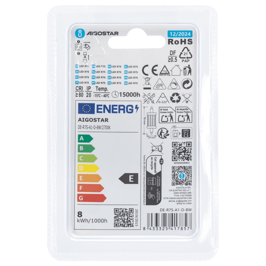 LED Dimmable bulb R7s/8W/230V 2700K - Aigostar