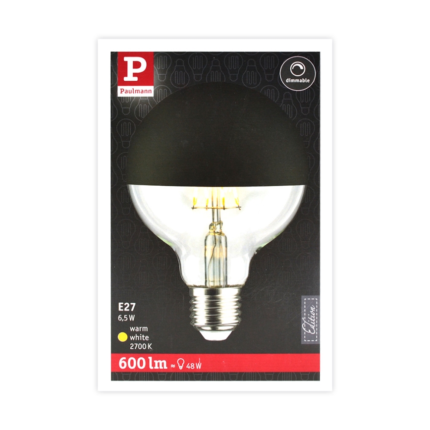 LED Dimmable bulb with a mirror spherical cap GLOBE G95 E27/6,5W/230V 2700K black - Paulmann 28676