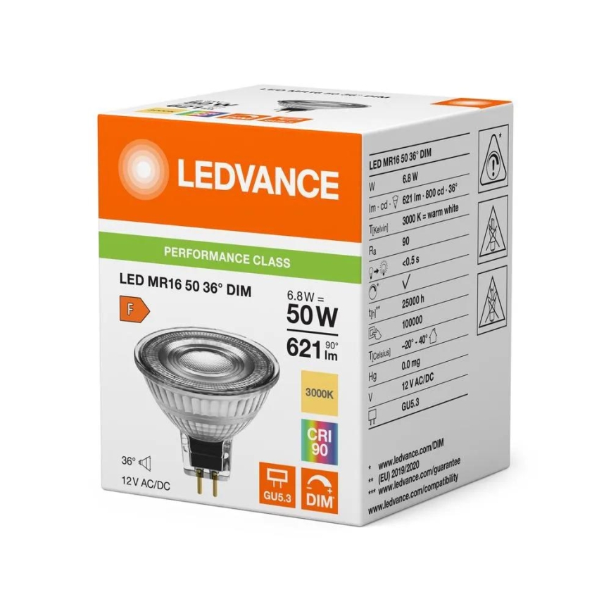 LED Dimmable MR16 Bulb GU5.3, 6.8W, 12V, 3000K, 36° Beam Angle, CRI 90 - Ledvance