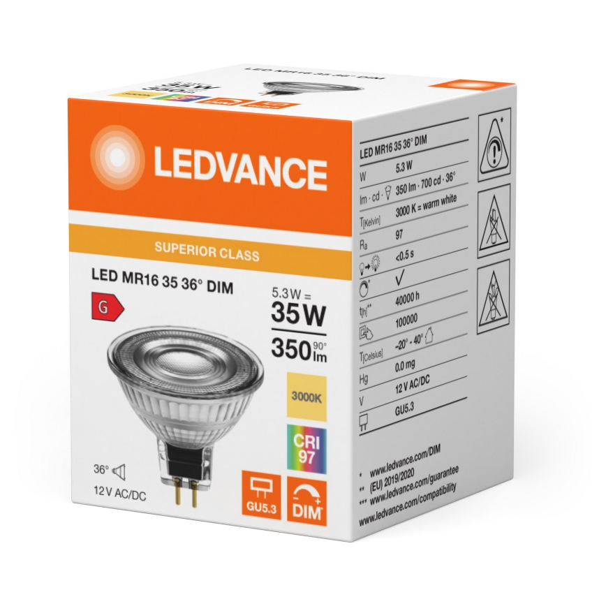 LED Dimmable MR16 Reflector Bulb GU5.3, 5.3W, 12V, 3000K, 36°, CRI 97 - Ledvance