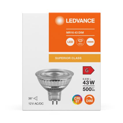 LED Dimmable MR16 Reflector Lamp GU5.3/6.6W/12V 4000K 36° CRI 97 - Ledvance