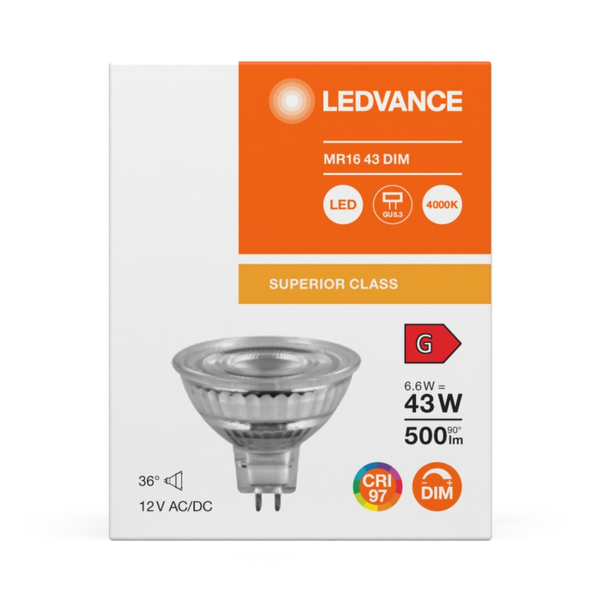 LED Dimmable MR16 Reflector Lamp GU5.3/6.6W/12V 4000K 36° CRI 97 - Ledvance