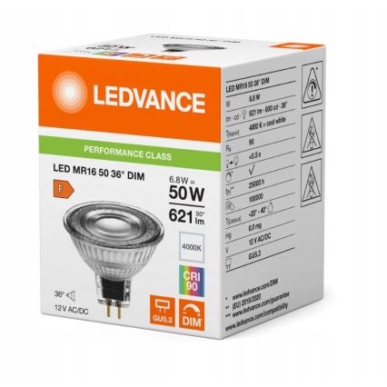 Dimmable LED MR16 GU5.3 Reflector Lamp, 6.8W/12V, 4000K, 36° Beam, CRI 90 - Ledvance