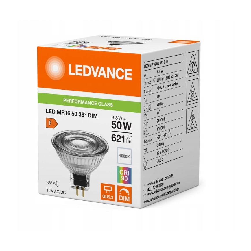 Dimmable LED MR16 GU5.3 Reflector Lamp, 6.8W/12V, 4000K, 36° Beam, CRI 90 - Ledvance
