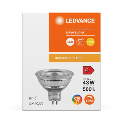 LED Dimmable MR16 Reflector Bulb GU5.3/6.6W/12V 3000K 36° CRI 97 - Ledvance