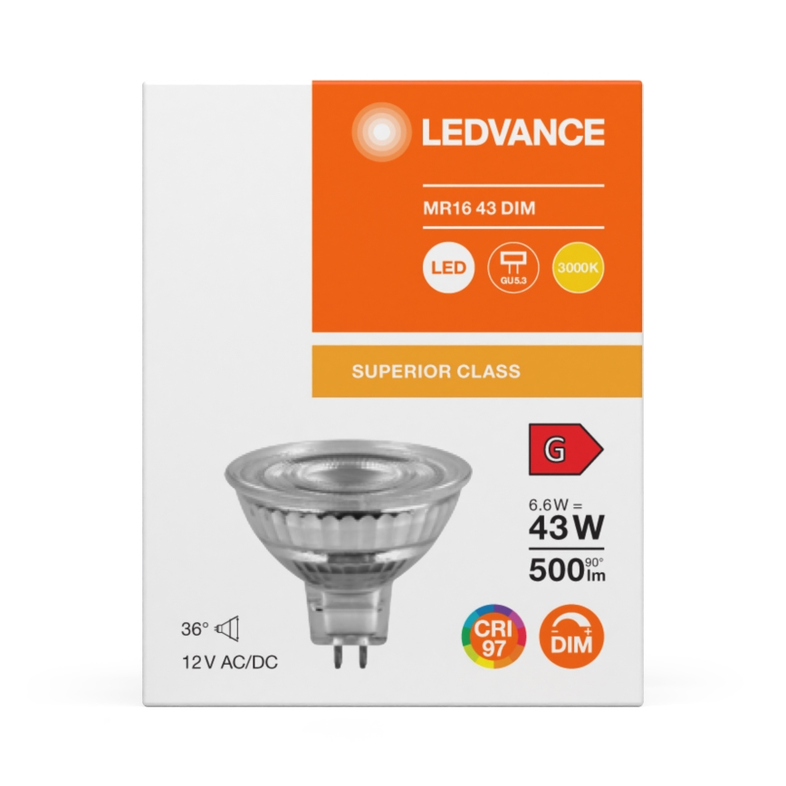 LED Dimmable MR16 Reflector Bulb GU5.3/6.6W/12V 3000K 36° CRI 97 - Ledvance