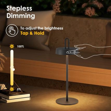 LED Dimmable Outdoor Rechargeable Touch Table Lamp SHINE LED/1.5W/3.7V 3000 mAh IP44 Black