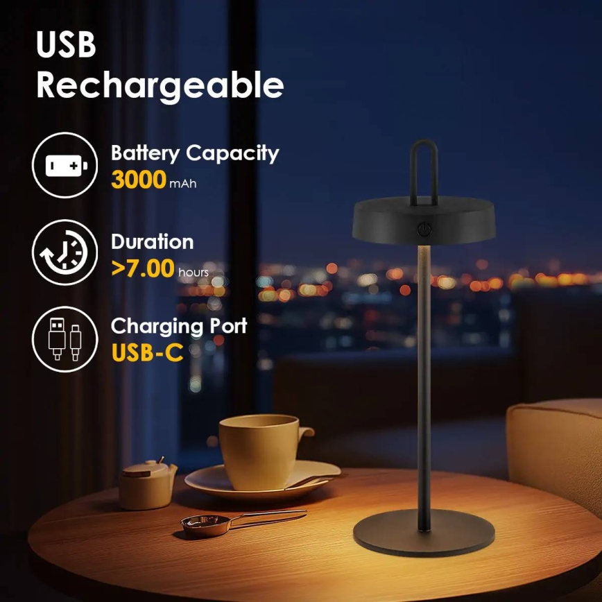 LED Dimmable Outdoor Rechargeable Touch Table Lamp SHINE LED/1.5W/3.7V 3000 mAh IP44 Black