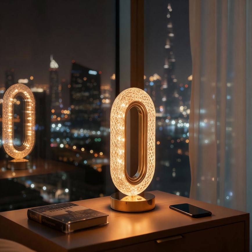 DUBAI Dimmable Rechargeable LED Desk Lamp, 2W/5V, 2700K/4000K/6500K, 400 mAh, Gold