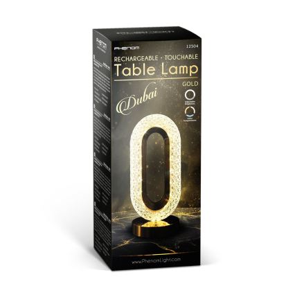 DUBAI Dimmable Rechargeable LED Desk Lamp, 2W/5V, 2700K/4000K/6500K, 400 mAh, Gold