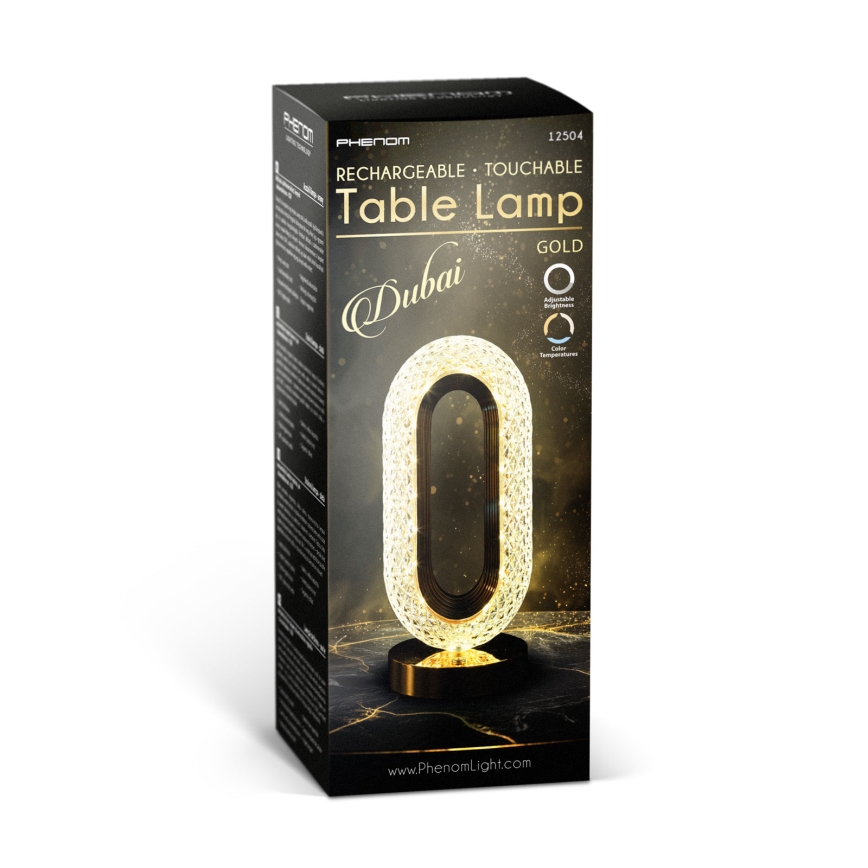 DUBAI Dimmable Rechargeable LED Desk Lamp, 2W/5V, 2700K/4000K/6500K, 400 mAh, Gold