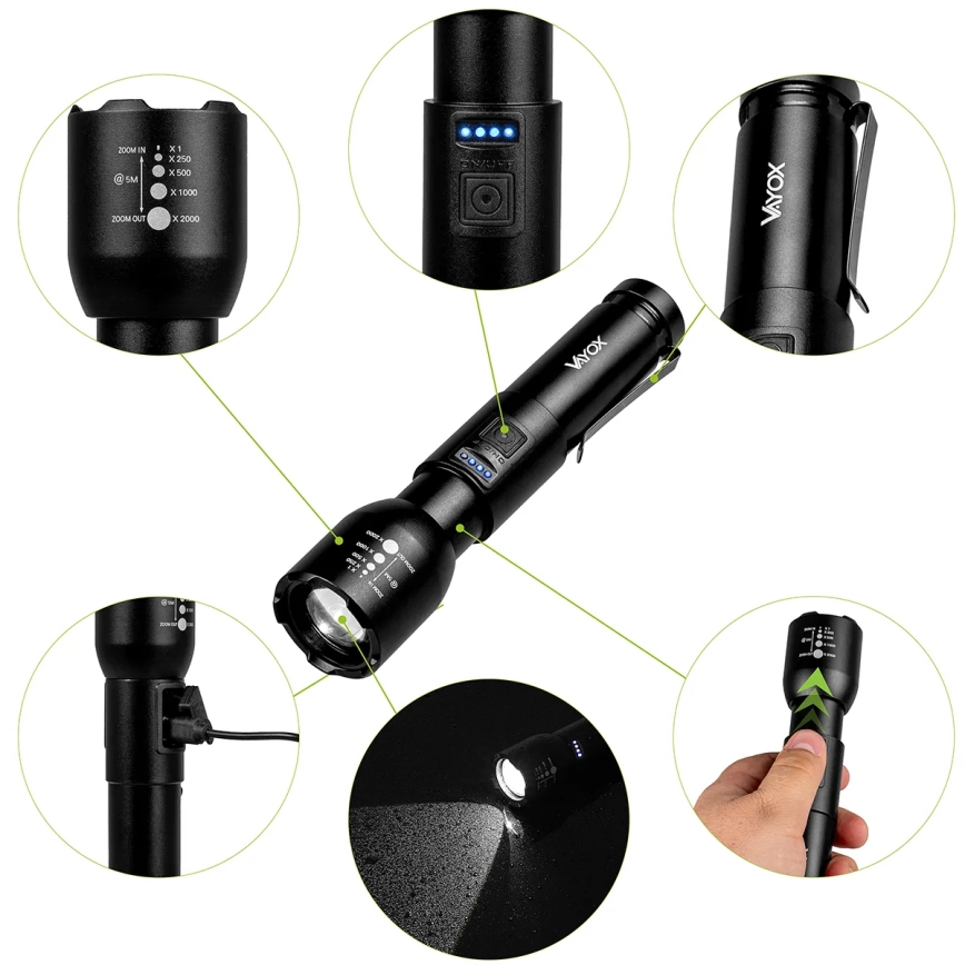 LED Dimmable rechargeable flashlight LED/20W/5V IPX4 800 shiny 2000 mAh