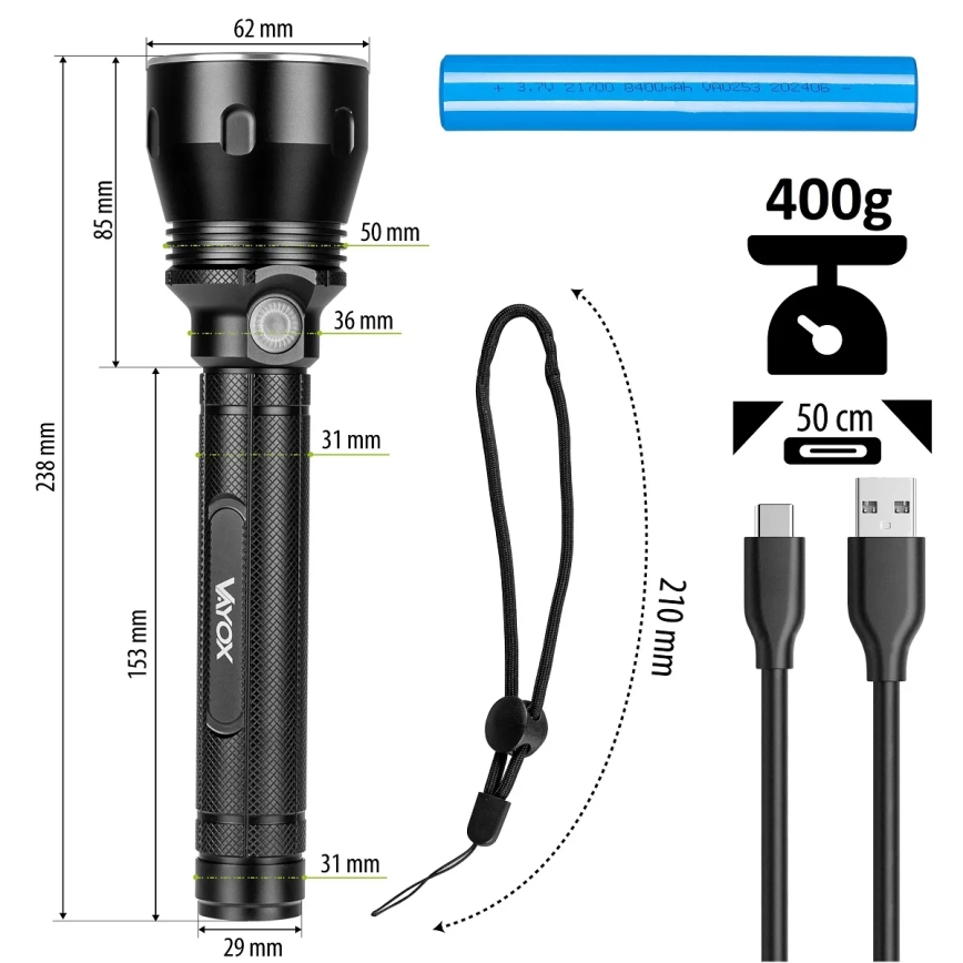 LED Dimmable rechargeable flashlight LED/20W/5V IPX5 1570 shiny 8400 mAh