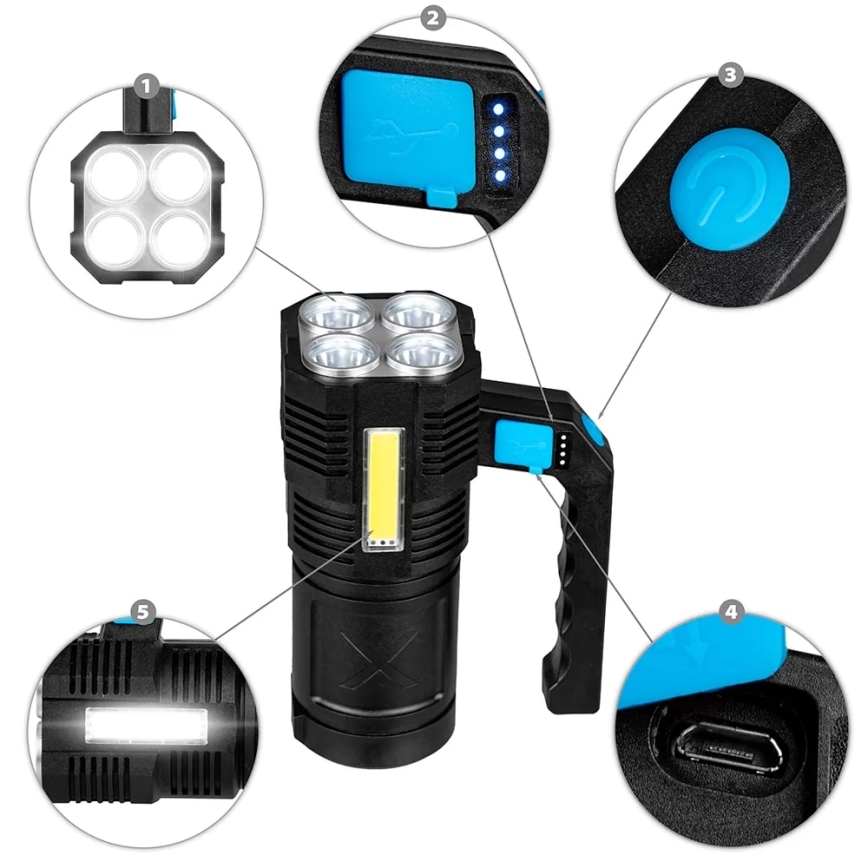 LED Dimmable rechargeable flashlight LED/5V IPX4 250 shiny 1200 mAh