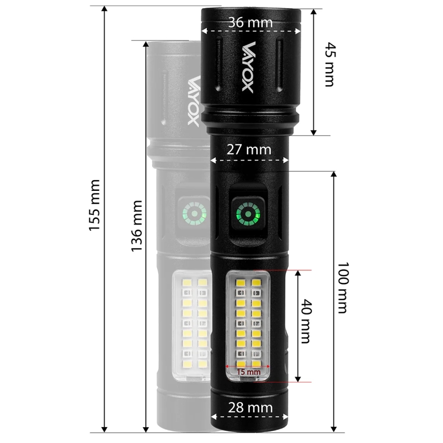 LED Dimmable rechargeable flashlight with a red light LED/5W/5V IPX4 260 shiny 2000 mAh