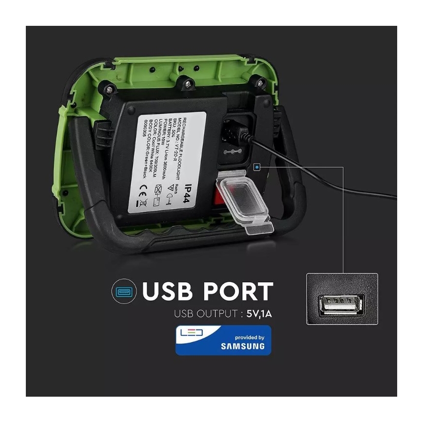 LED Dimmable rechargeable floodlight SAMSUNG CHIP + function SOS LED/10W/3,7V/USB IP44 4000K 3600 mAh green