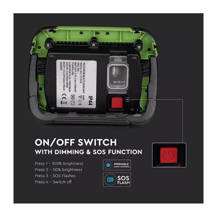 LED Dimmable rechargeable floodlight SAMSUNG CHIP + SOS function 10W/3,7V/USB IP44