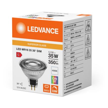 LED Dimmable MR16 Reflector Bulb GU5.3 / 5.3W / 12V 4000K 36° CRI 97 - Ledvance