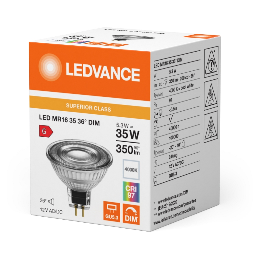 LED Dimmable MR16 Reflector Bulb GU5.3 / 5.3W / 12V 4000K 36° CRI 97 - Ledvance