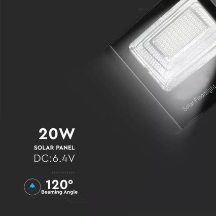 LED Dimmable solar floodlight LED/20W/6,4V 4000K IP65 10000 mAh + remote control